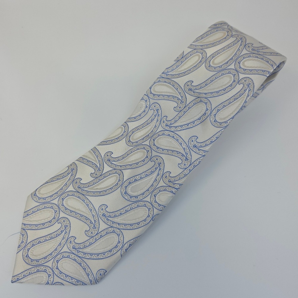 Bugatti Necktie Mens Standard Blue White Silver Silk Large Paisley Pattern Tie